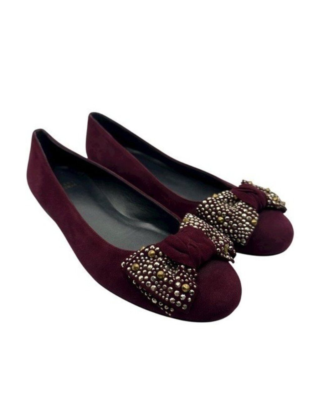 Stuart Weitzman‎ Beadybow Ballet Flats Burgundy Suede Studded Bow Womens 8 M